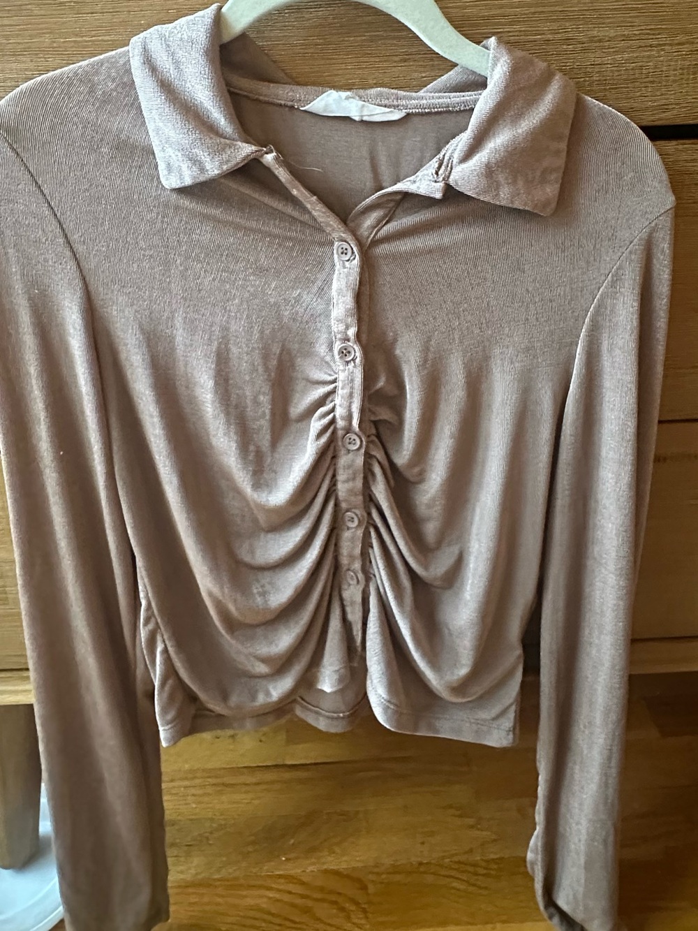 Glassons Ruched Button Front Long Sleeve Top - Taupe